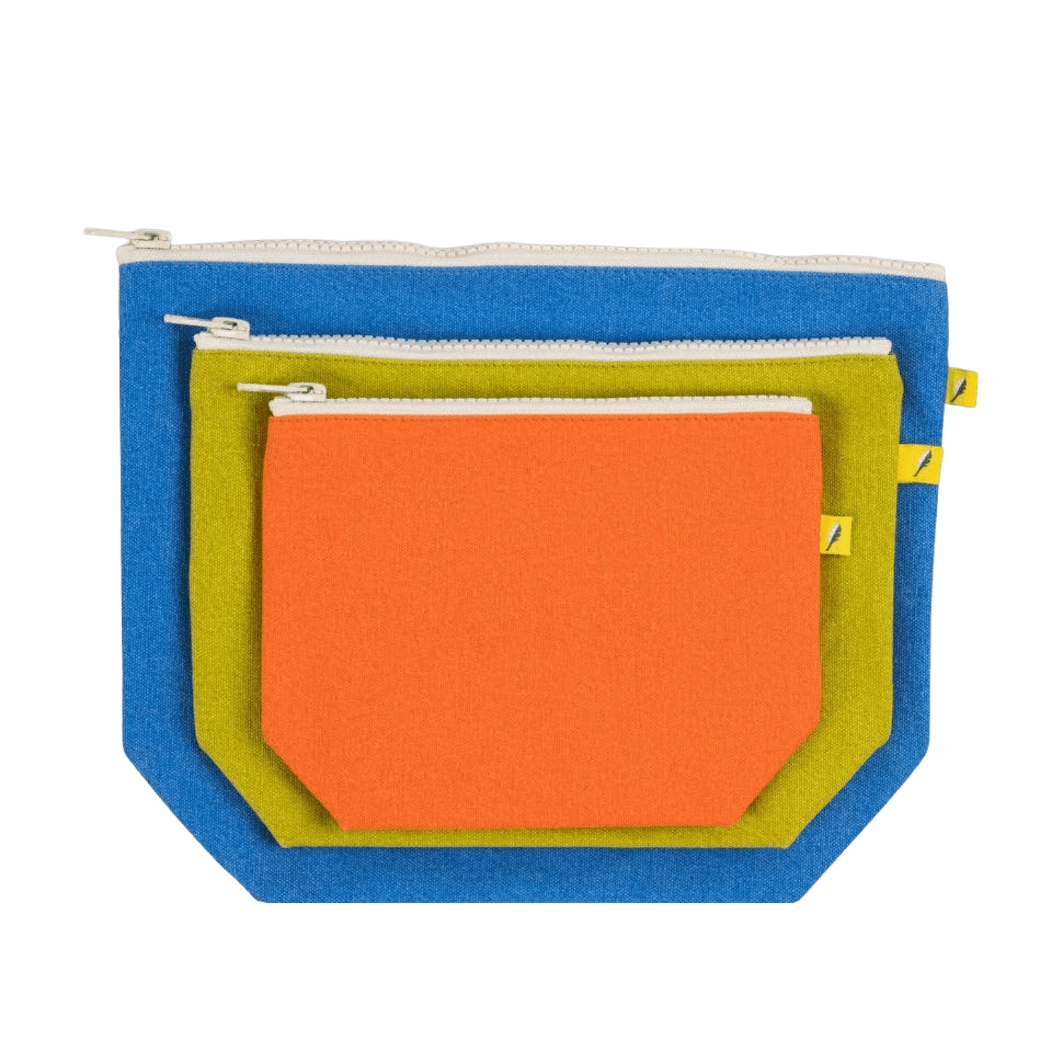 Set of three colorful zip pouches (blue, green, orange).