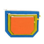 Set of three colorful zip pouches (blue, green, orange).