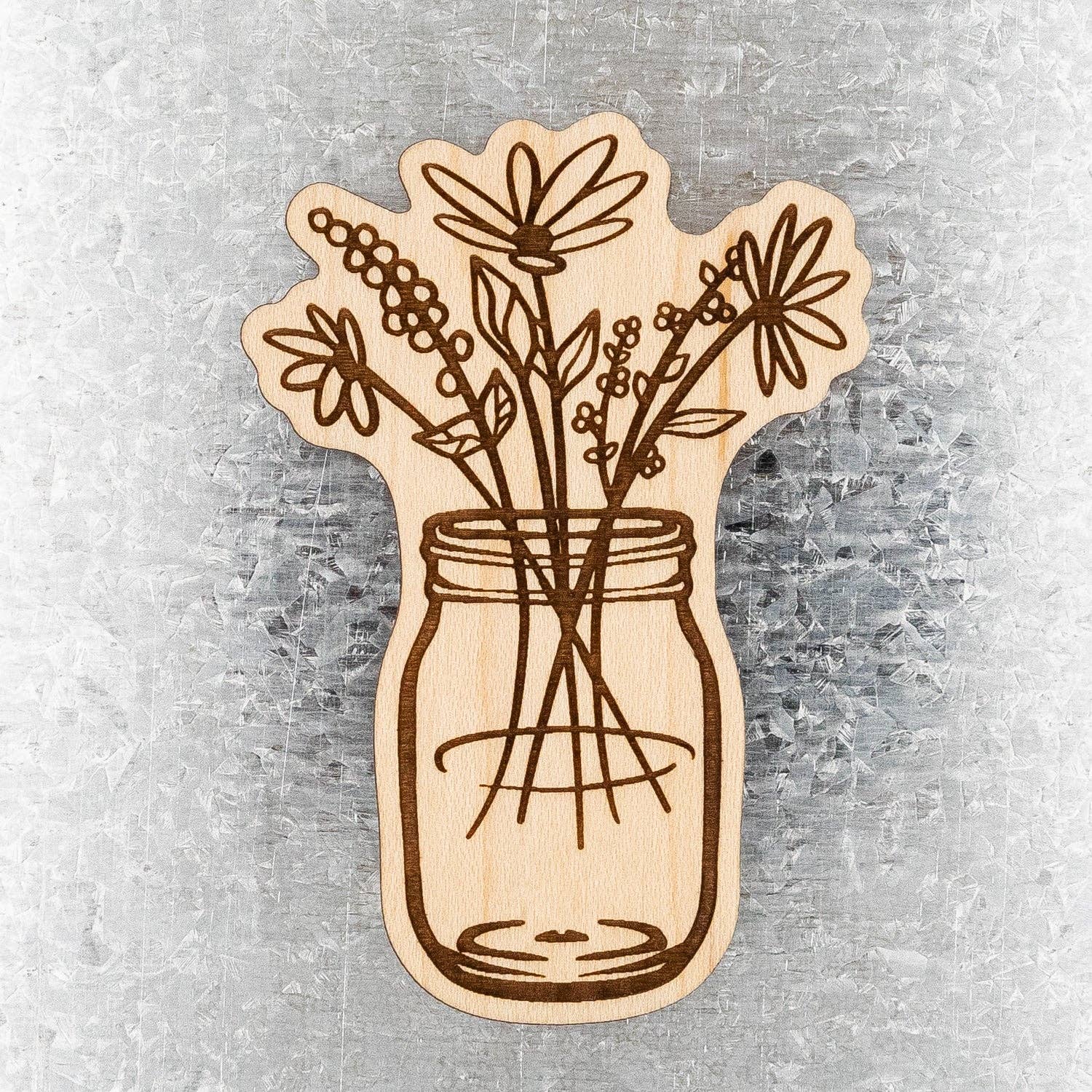 Mason Jar with Flowers Wood Magnet